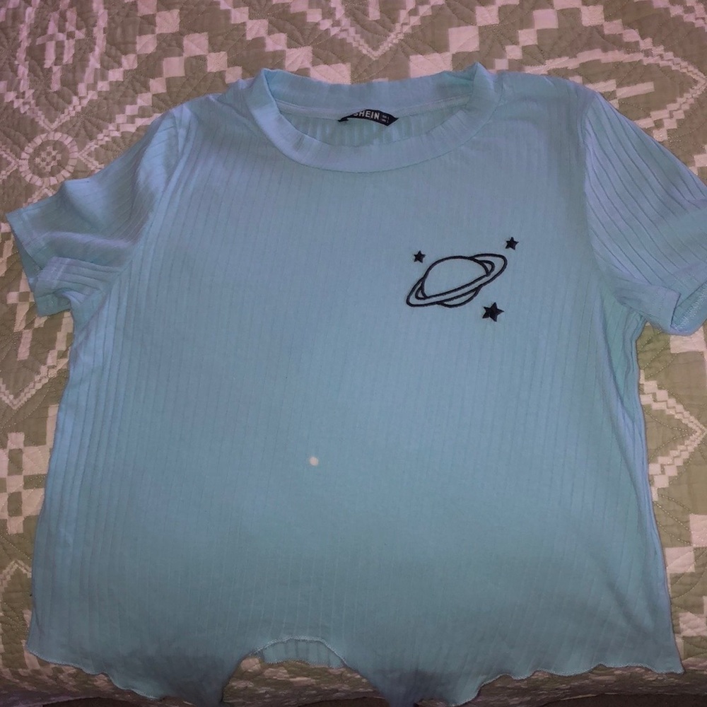 Blue Ribbed Embroidered Tee - Picture 2 of 5